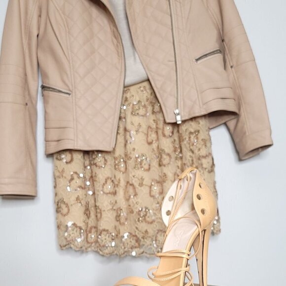 Red Valentino Girlie Pastel Cream Peach Crepe Lace Gold Sequin Mini Skirt Size 4 - Picture 9 of 13